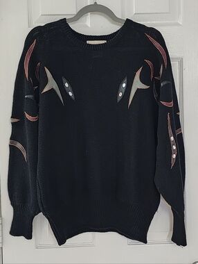 VTG Courtney Blake Black Knit Sweater Leather Appliqué Rhinestone 80s 90s Large